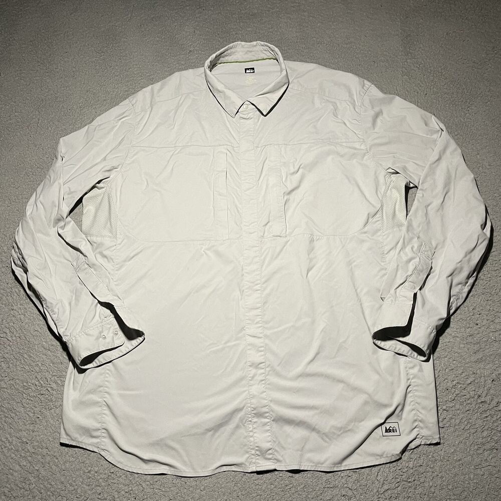 REI Fishing Shirt Mens XXL Gray Vented Nylon Long Sleeve UPF Outdoor Pockets
